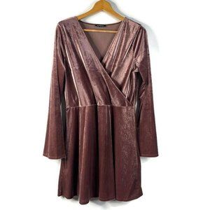 Express Womens Velvet Mauve Mini Fit & Flare Wrap Dress V-Neck Long Sleeve L
